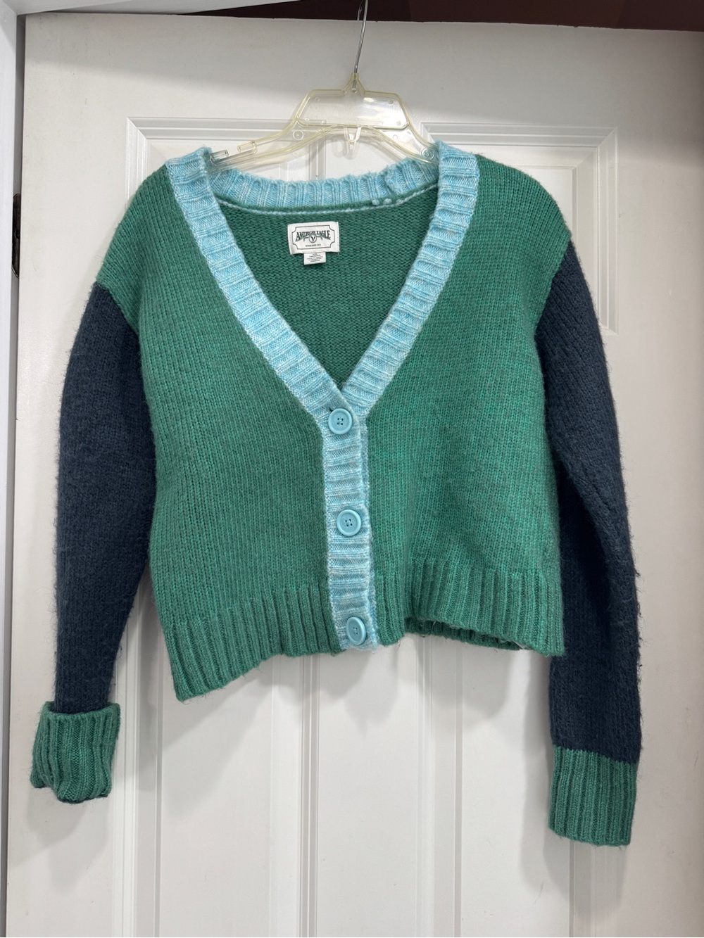 American Eagle Colorblock Cropped Cardigan; preppy boho bold cottagecore